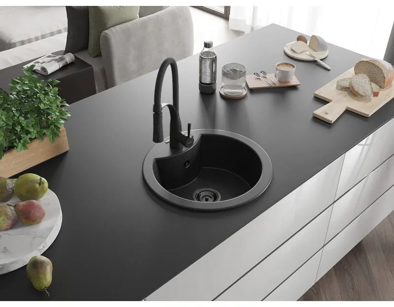 Mexen Diego, 1-komorový granitový drez 488x488x167 mm a drezová batéria Aster, čierna-strieborná metalíza, 6512-73-73450-70-B