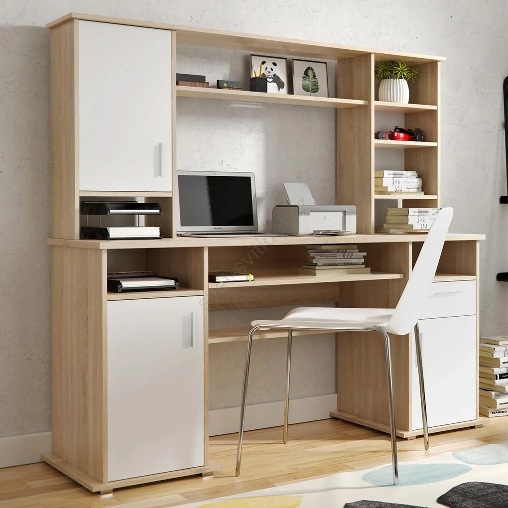 Písací stôl Vigo 160 cm s nadstavcom dub Sonoma/biely