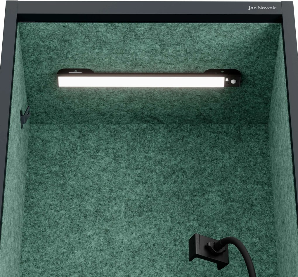 Kancelárska akustická kabína so sedadlom a portom USB-C, telo v antracitovej farbe / sedadlo v zelenej farbe, 600 mm: SALLY MentalBox