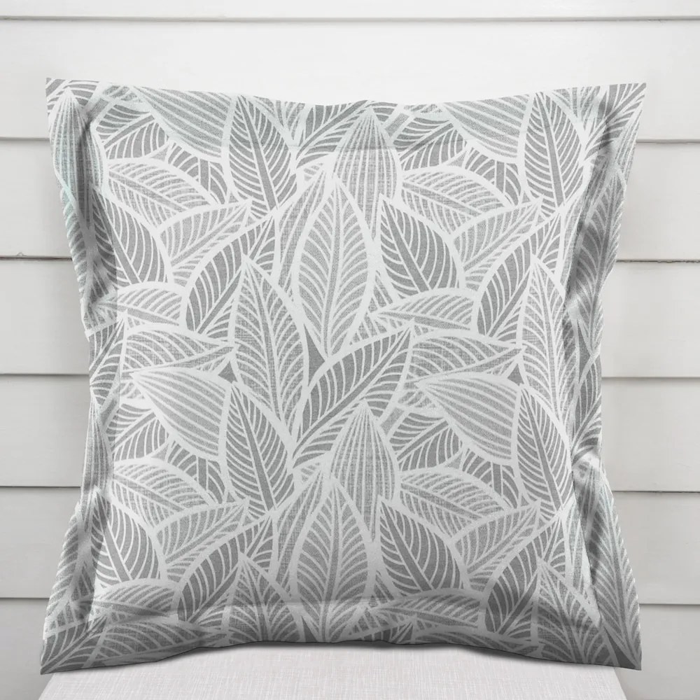 Biante Dekoračná obliečka na vankúš s lemom Leona LN-169 Biele listy na sivom 60 x 60 cm