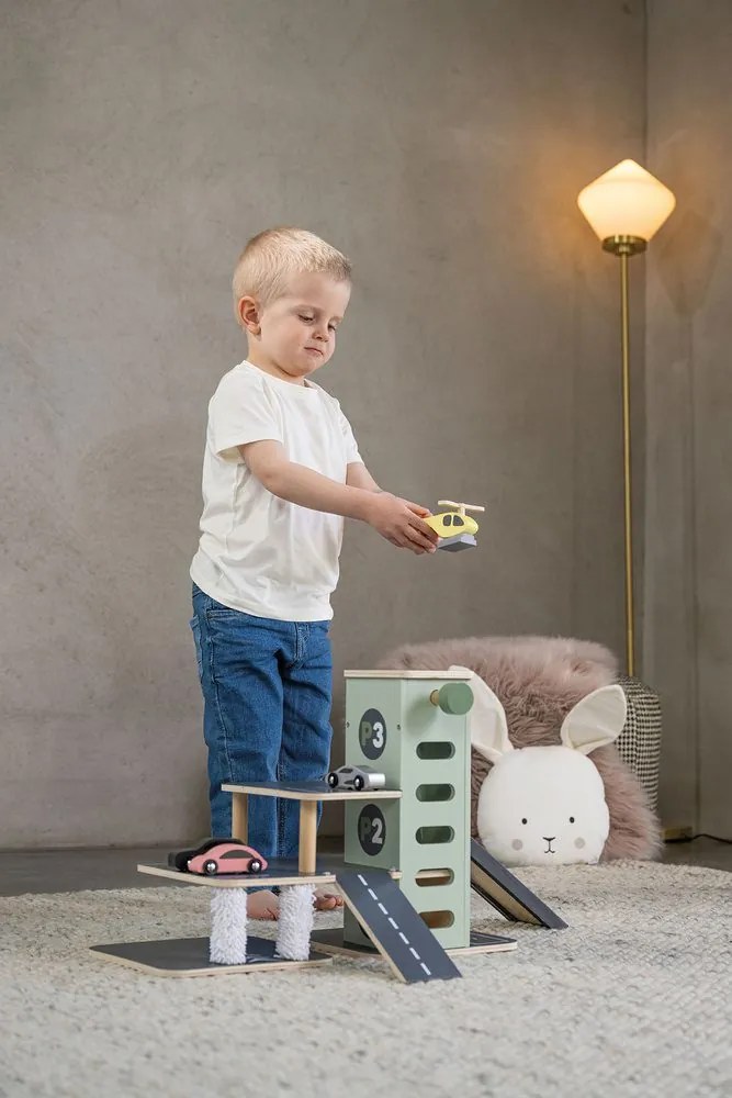 Detská parkovacia garáž s vrtuľníkom