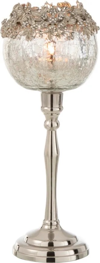Skleněný svicen na nožičce se stříbrným zdobením a kamínky Luxy - Ø 12*33 cm