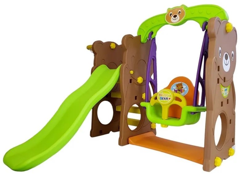 LEAN TOYS Záhradná súprava šmýkačka, hojdačka, kôš medveď hnedý