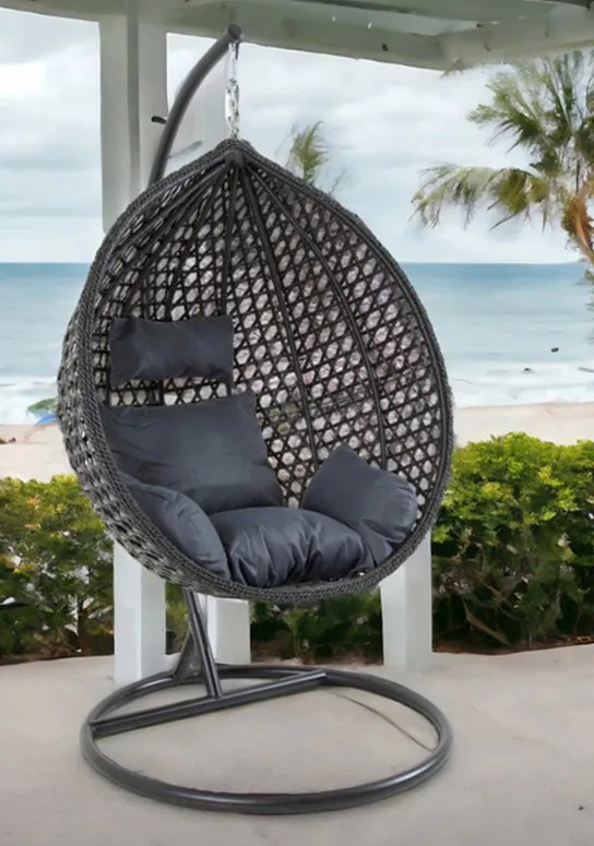 Závesné hojdacie kreslo PORTO EXTRA, nosnosť 150kg - čierne + sivé vankúše