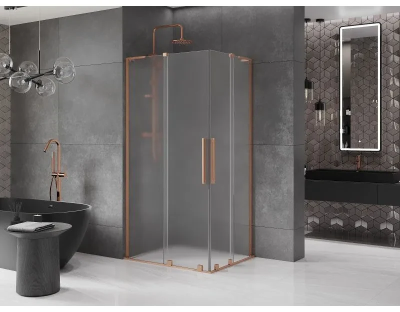 Mexen Velar L Duo, sprchový kút s posuvnými dverami 100 x 90 cm, 8mm sklo námraza, medená matná, 871-100-090-02-33-65