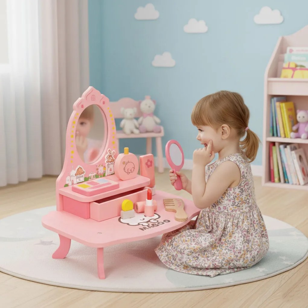 ECOTOYS Drevená toaletka pre dievčatá so zrkadlom a 7 doplnkami