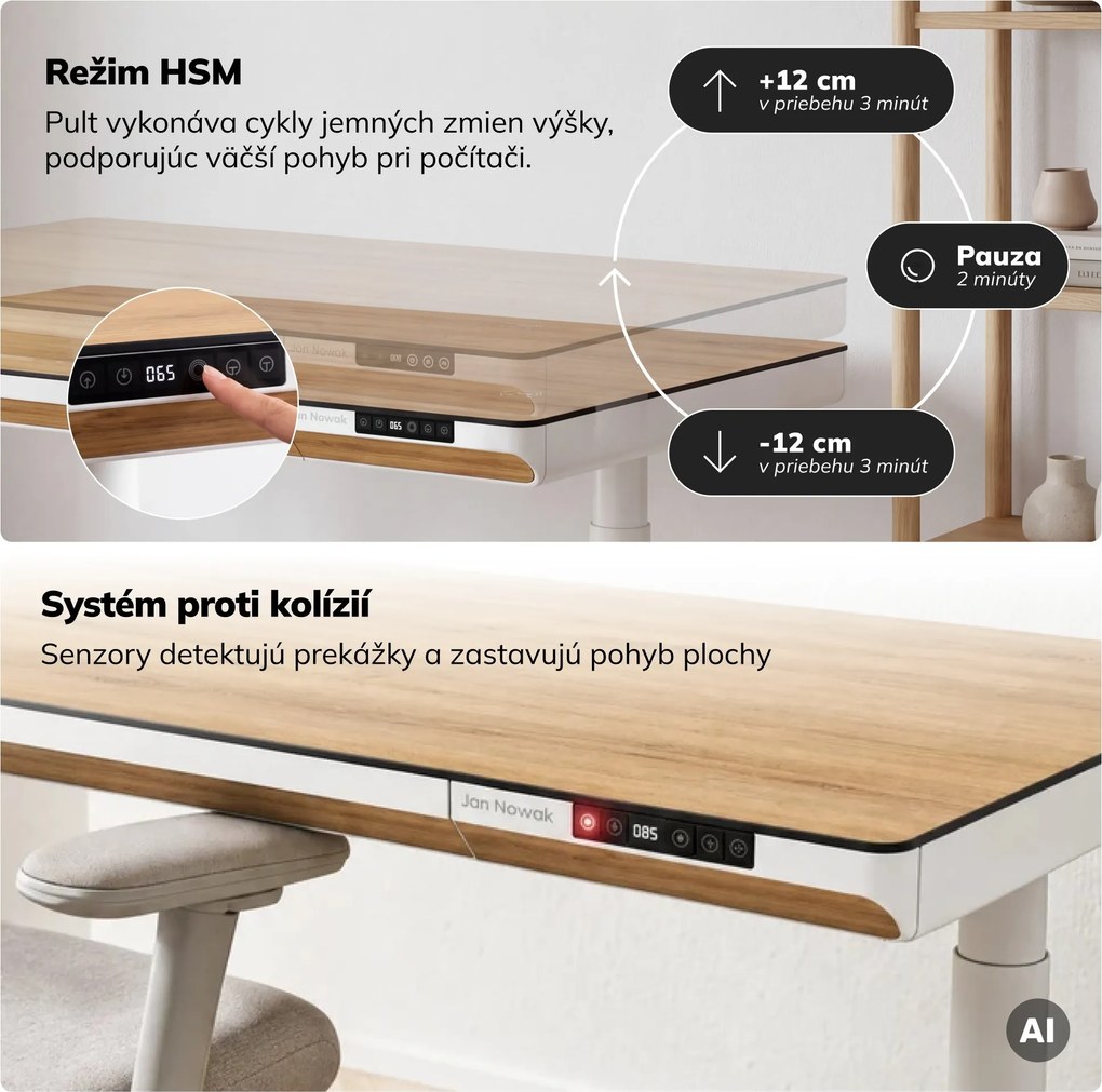 Elektrický písací stôl sit-stand so zásuvkou a bezdrôtovou nabíjačkou Qi biely/zlatý dub, 1400 mm: ELLIS