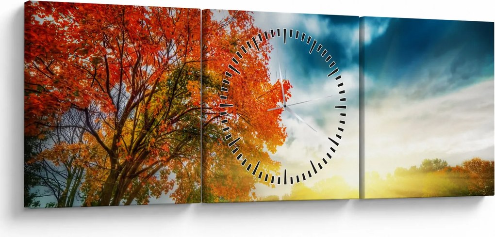 Obraz krajiny zaliate slnečným svitom (s hodinami) (90x30 cm)