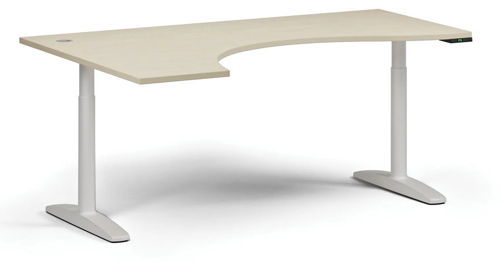 Výškovo nastaviteľný stôl OBOL, elektrický, 675-1325 mm, ergonomický ľavý, doska 1800x1200 mm, biela zaoblená podnož, dub prírodný
