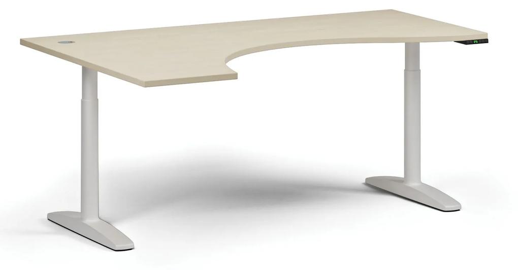Výškovo nastaviteľný stôl OBOL, elektrický, 675-1325 mm, ergonomický ľavý, doska 1800x1200 mm, biela zaoblená podnož, wenge