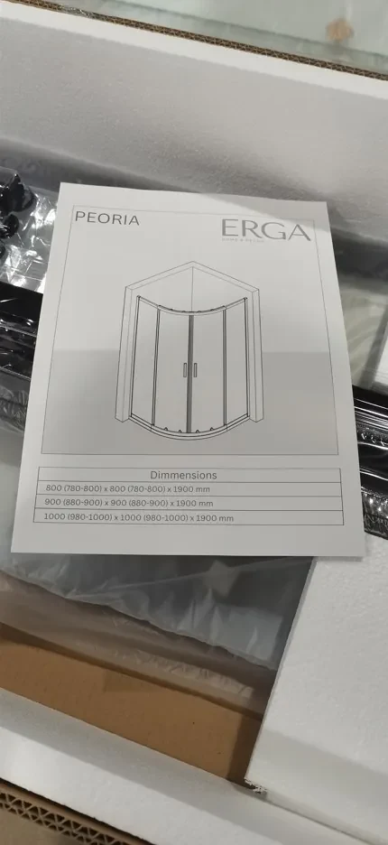 Erga Peoria, štvrťkruhový sprchový kút s posuvnými dverami 80(dvere) x 80(stena) x 190 cm, 6mm číre sklo, čierny profil, ERG-Q02-PEORIA-D080D080-CL-BK