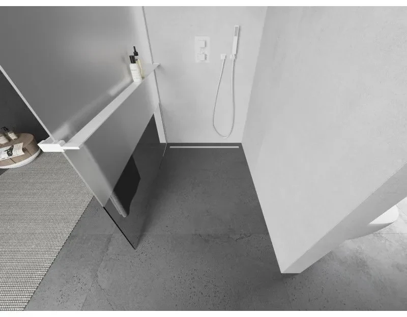 Mexen Kioto+, sprchová zástena Walk-In s poličkou a vešiakom 100 x 200 cm, 8mm číre sklo-námraza, biely profil, 800-100-121-20-35