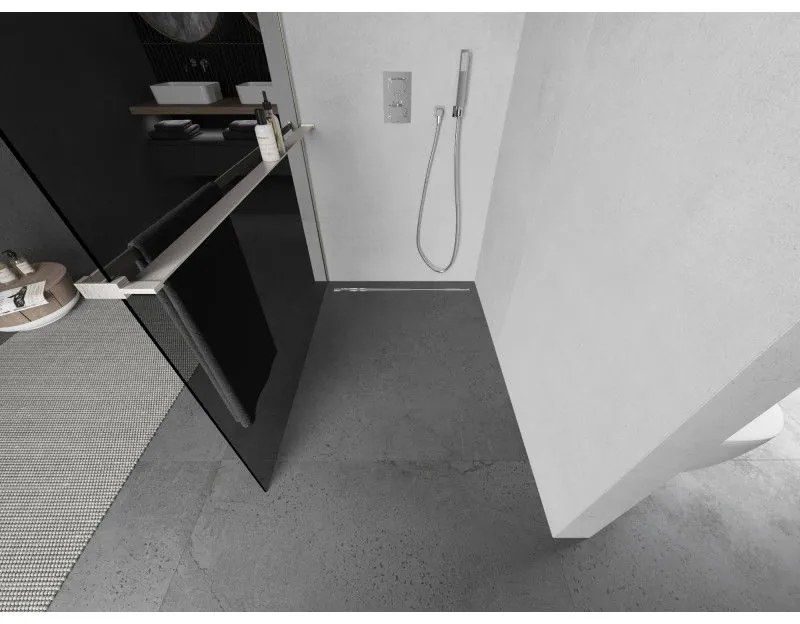 Mexen Kioto+, sprchová zástena Walk-In s poličkou a vešiakom 70 x 200 cm, 8mm šedé sklo, brúsená oceľ profil, 800-070-121-97-40