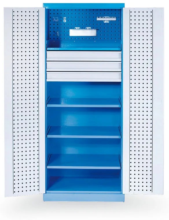 Dielenská kovová skriňa na náradie GD, 4 police, 3 zásuvky, zváraná, nosnosť 60 kg, 780 x 580 x 1920 mm