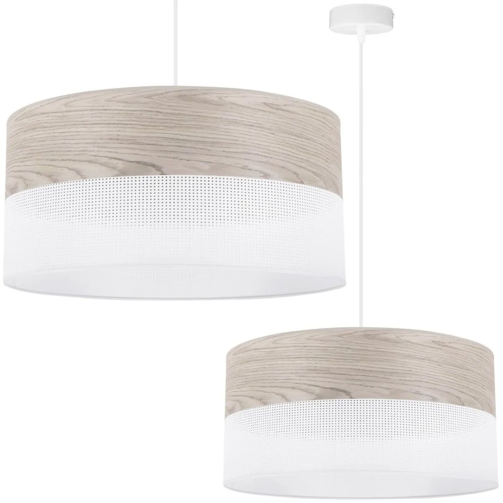 Závesné svietidlo Wood, 1x svetlobéžová dubová dýha/biele PVC tienidlo, (fi 44cm)