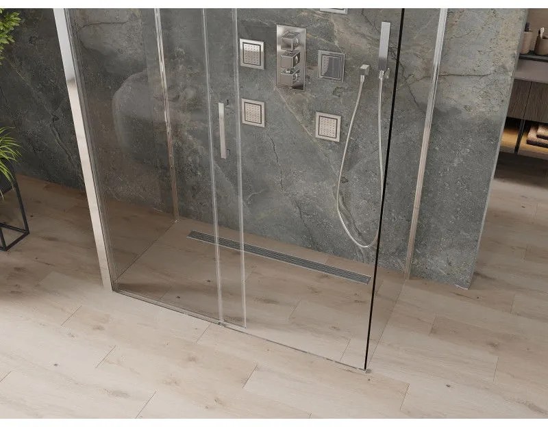 Mexen Omega, 3-stenný sprchovací kút s posuvnými dverami 140 (dvere) x 80 (stena) cm, 8mm číre sklo, chrómový profil, 825-140-080-01-00-3S