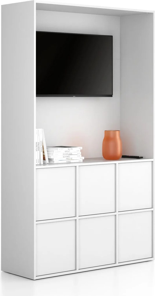 Kancelárska skriňa FRAME, 6x dvere, priestor pre TV, 1299 x 450 x 2162 mm, PUSH-lock, biela