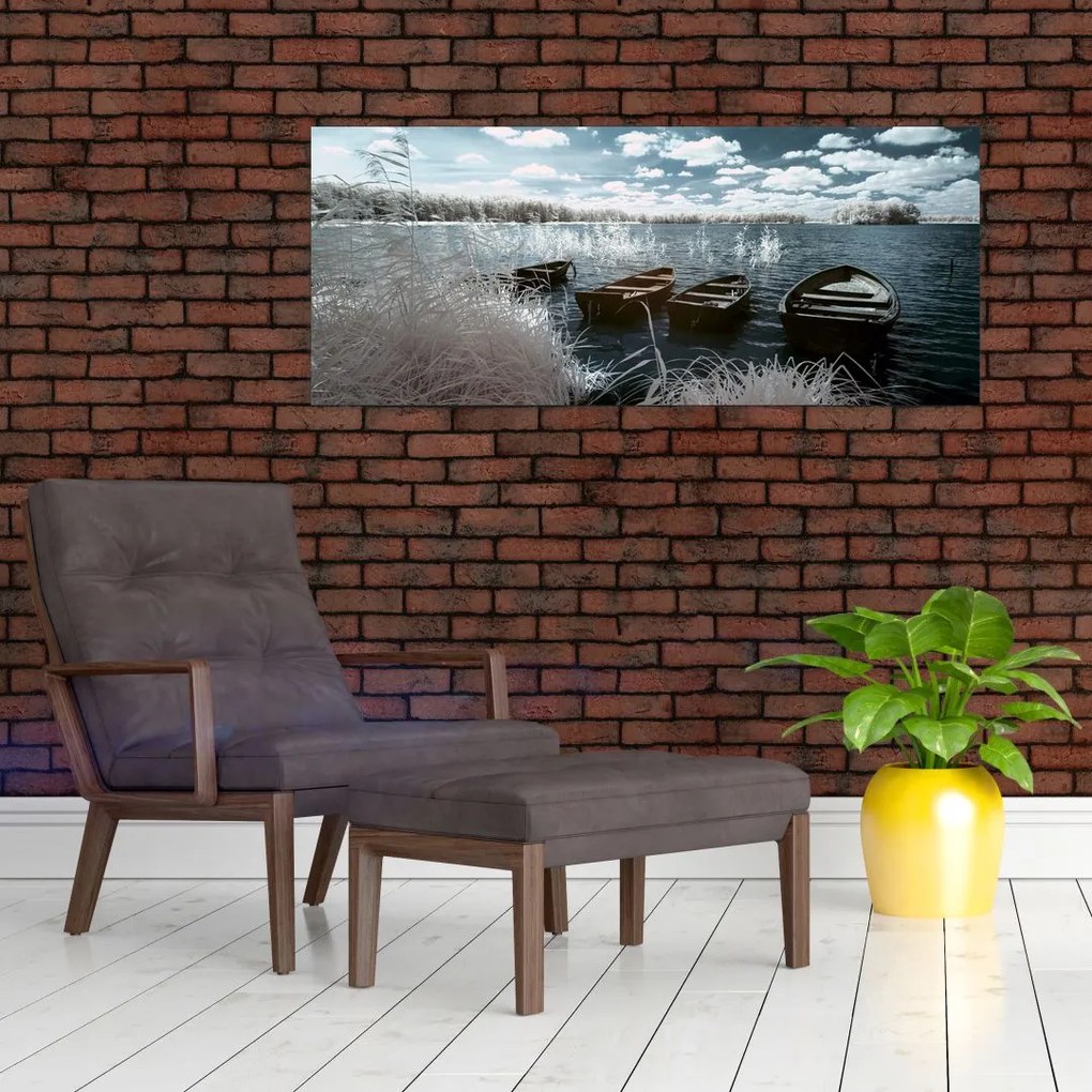 Obraz - Drevené loďky na jazere (120x50 cm)