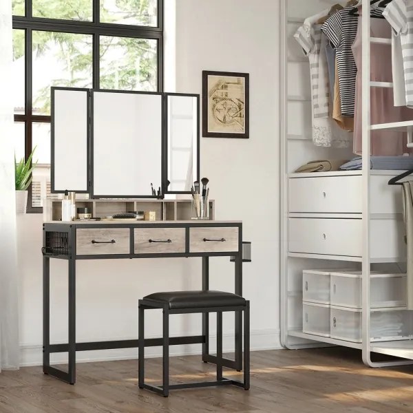 Toaletný stolík s taburetom 28,6x42 cm FLORA sivá/čierna