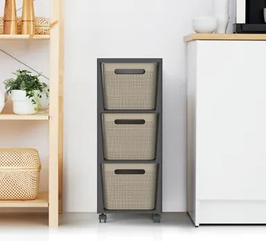 Rotho Pojazdný stojan, regál s 3 košíkmi, BRISEN TOWER, béžová/antracit