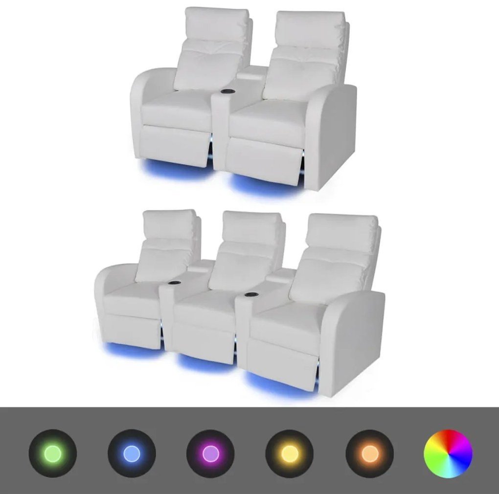 vidaXL Dvoj-dielna súprava, sklápacie 2 a 3-miestne kreslo s LED osvetlením, umelá koža, biele (243595+243597)