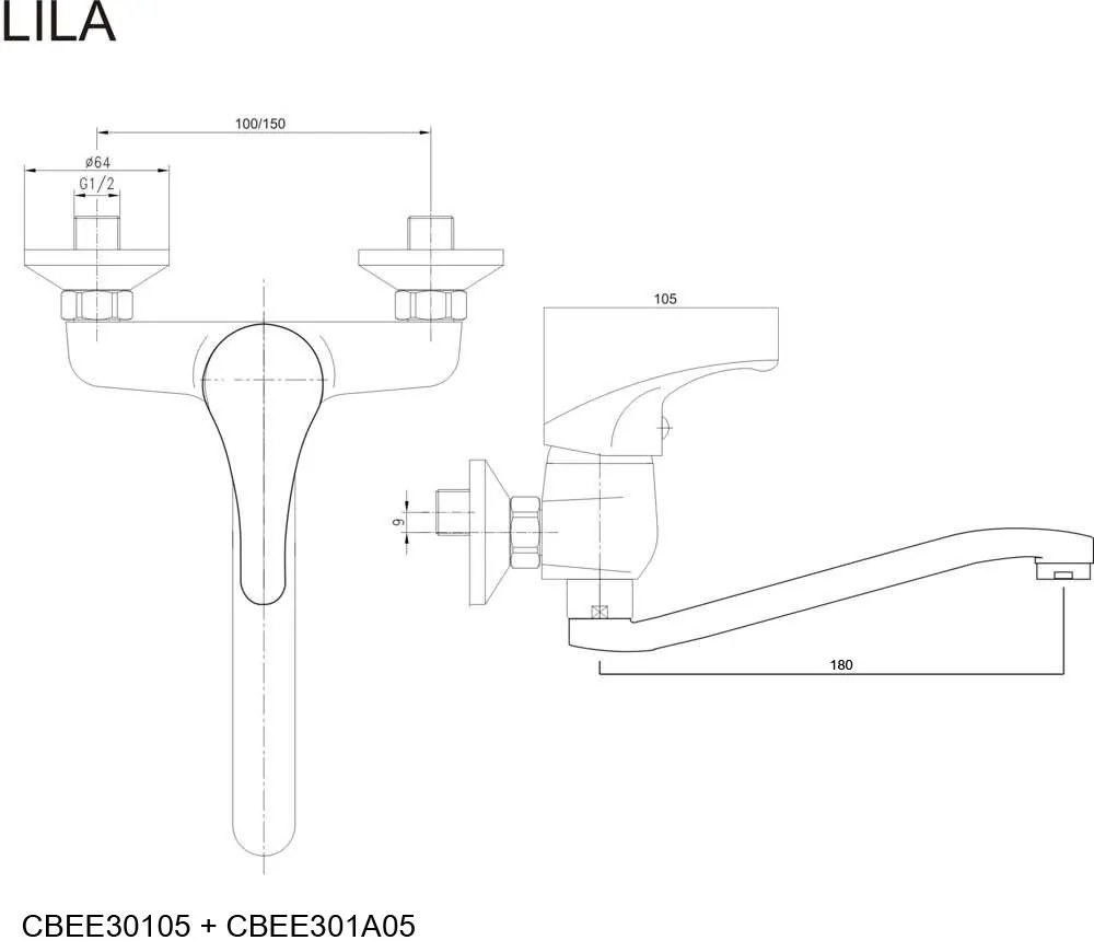 Mereo Mereo, Drezová nástenná baterie, Lila, s ramienkom plochým vyhnutým 180 mm, chróm, MER-CBEE301A05