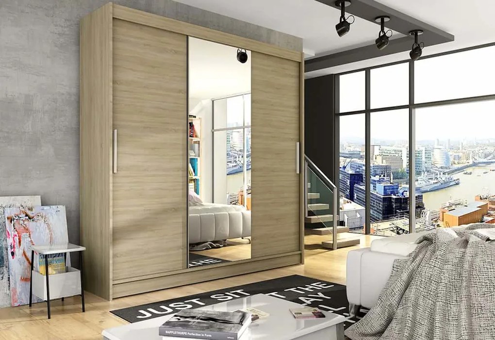 Posuvná šatníková skriňa LUKAS so zrkadlom, 250x215x58, biela mat