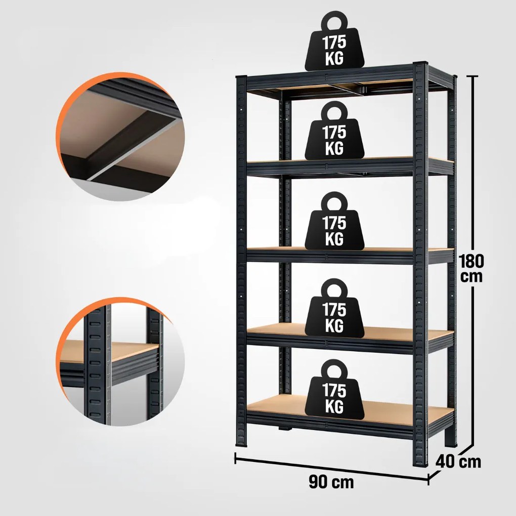 Monzana Regál s vysokou nosnosťou HEAVY, max. 875kg, 90x40x180cm, čierna