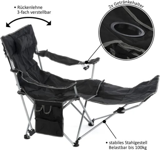 Divero 75907 Kempingová stolička s odnímateľnou podnožkou, čierna