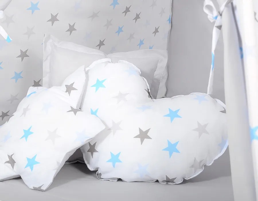 Bobono Stan Teepee pre deti + hracia podložka + vankúše + ozdobné perie - Stars modro-šedá/šedá