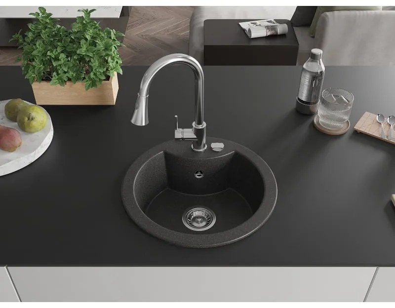 Mexen Diego, 1-komorový granitový drez 488x488x167 mm a drezová batéria Elia, čierna škvrnitá, 6512-76-670101-00