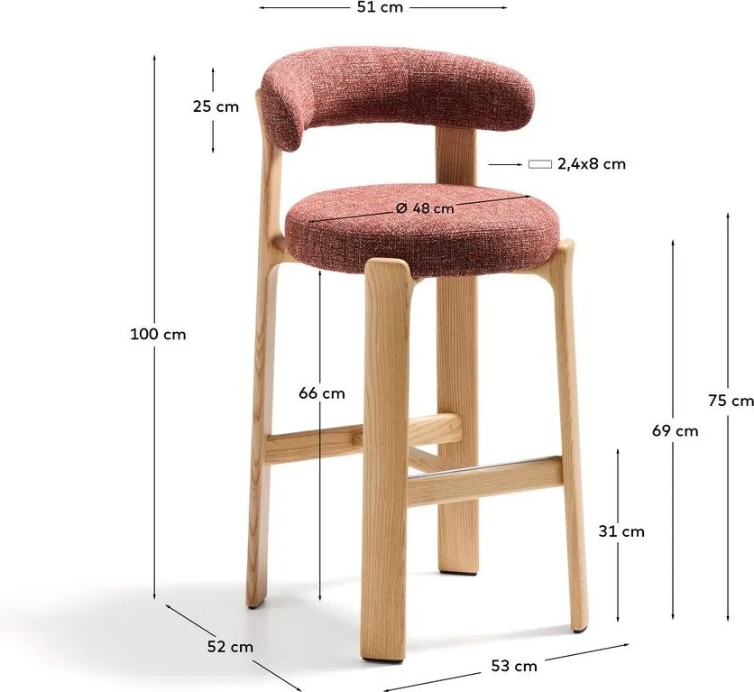 Barová stolička z jaseňového dreva v terakotovej farbe/v svetlo prírodnej farbe (výška sedadla 75 cm) Granite – Kave Home