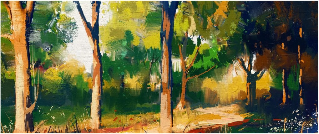 Obraz lesa v letnom slnku, maľba (120x50 cm)