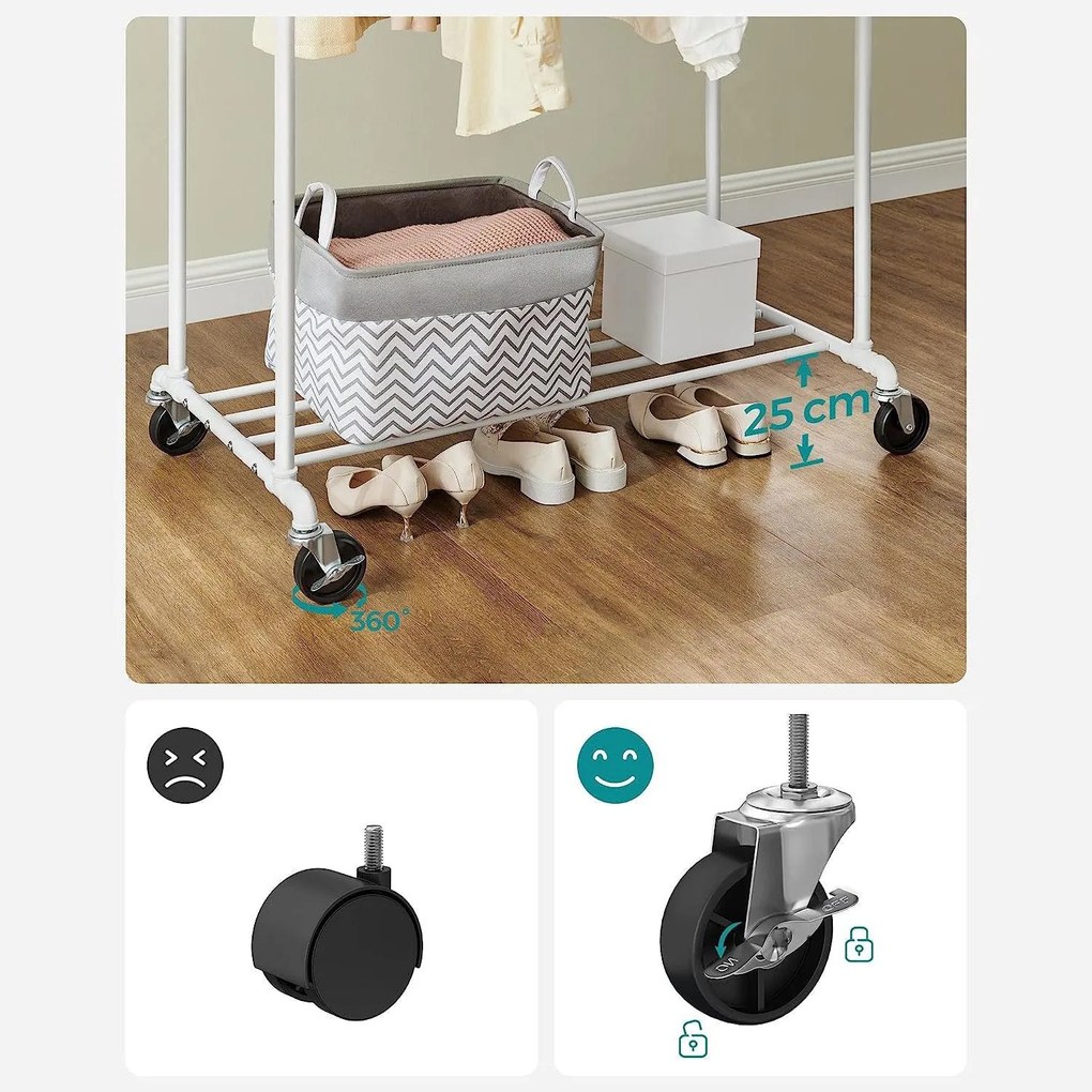 Stojan na šaty s kolieskami, dvojitými tyčami, kovový, biely