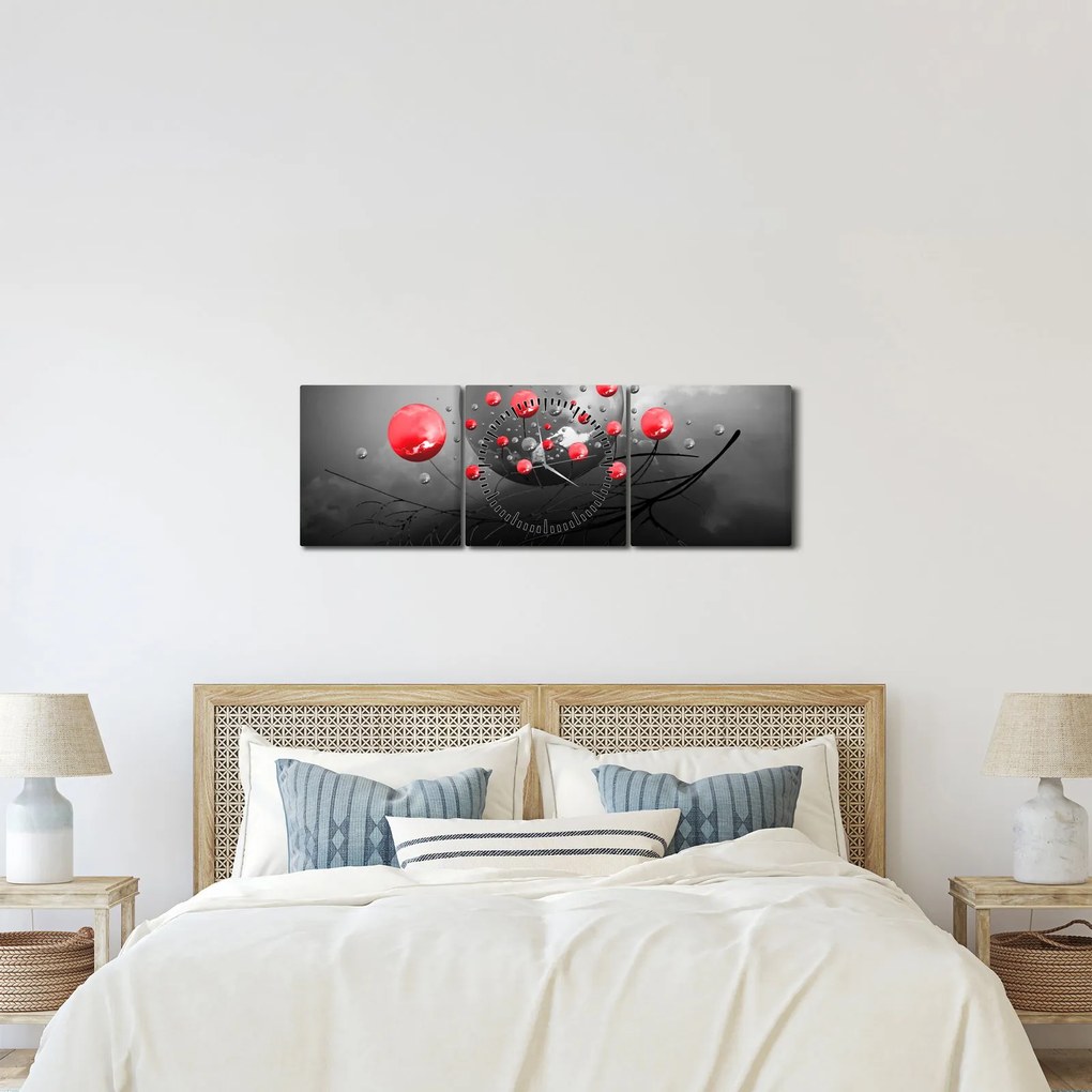 Obraz červených abstraktných gulí (s hodinami) (90x30 cm)