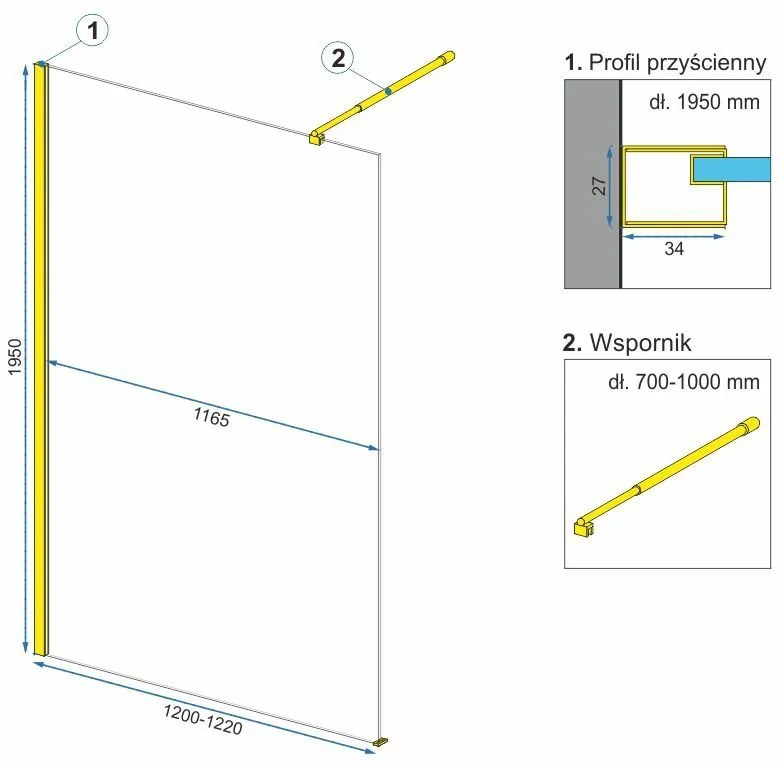 Rea Aero Ombre, sprchová zástena Walk-In 120x195 cm, 8mm číre sklo s bielym vzorom, zlatý matný profil, REA-K2466
