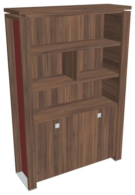 Vysoká skriňa Verno+ S 140 x 46 x 210 cm, s regálom, orech / červená