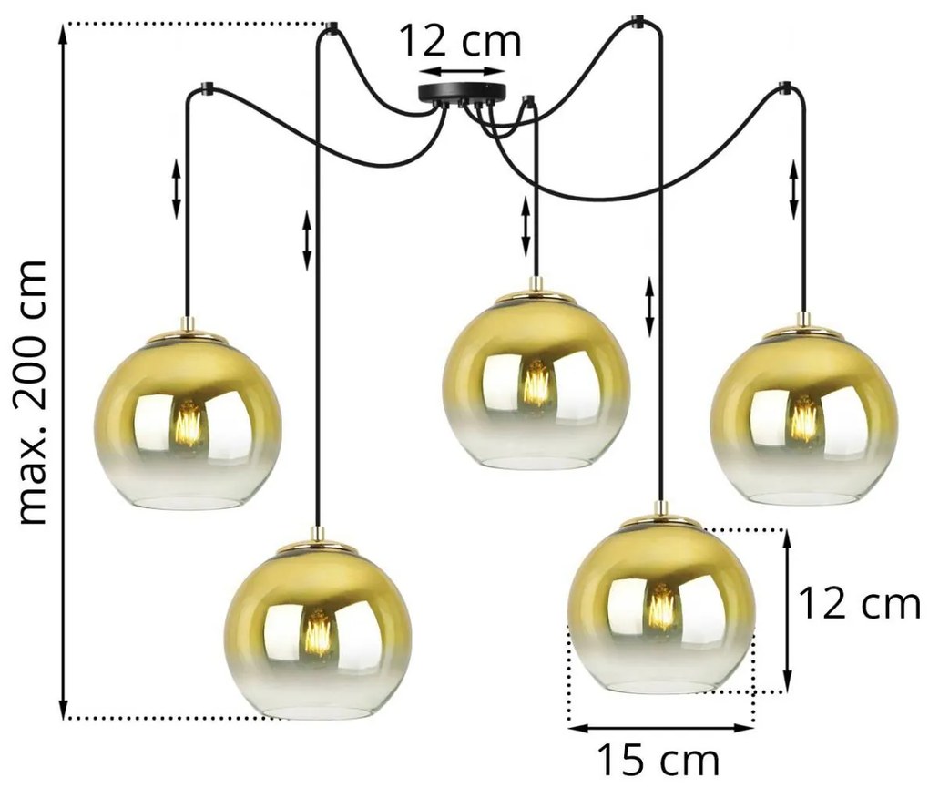 Závesné svietidlo Bergen Gold Spider, 5x zlaté/transparentné sklenené tienidlo (fi 15cm)