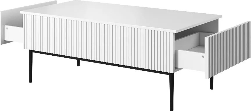 Konferenčný stolík Nicole 120 cm so zásuvkami a kovovými nohami - matná biela / čierne nohy