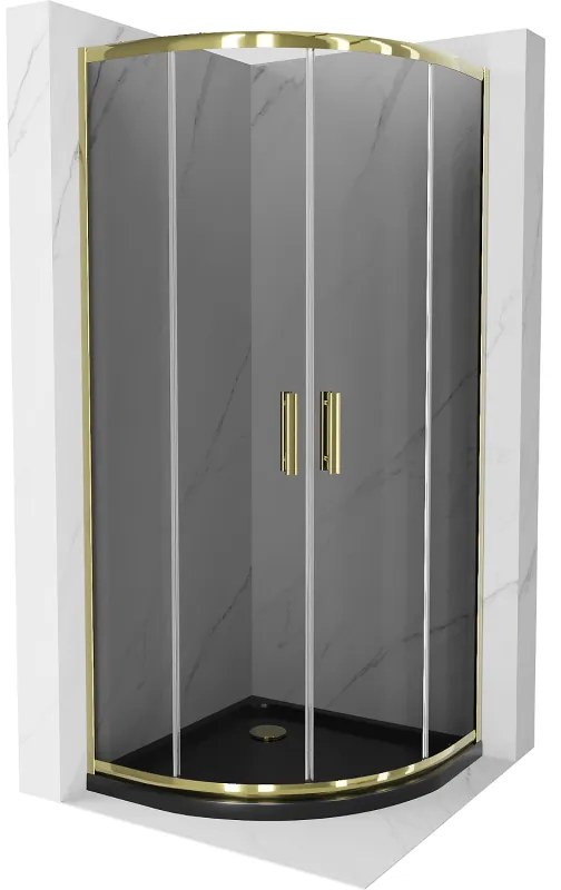 Mexen Rio, štvrťkruhový sprchovací kút s posuvnými dverami 90(dvere) x 90(dvere) x 190 cm, 6mm šedé sklo, zlatý profil + čierna sprchová vanička SLIM, 863-090-090-50-40-4170G