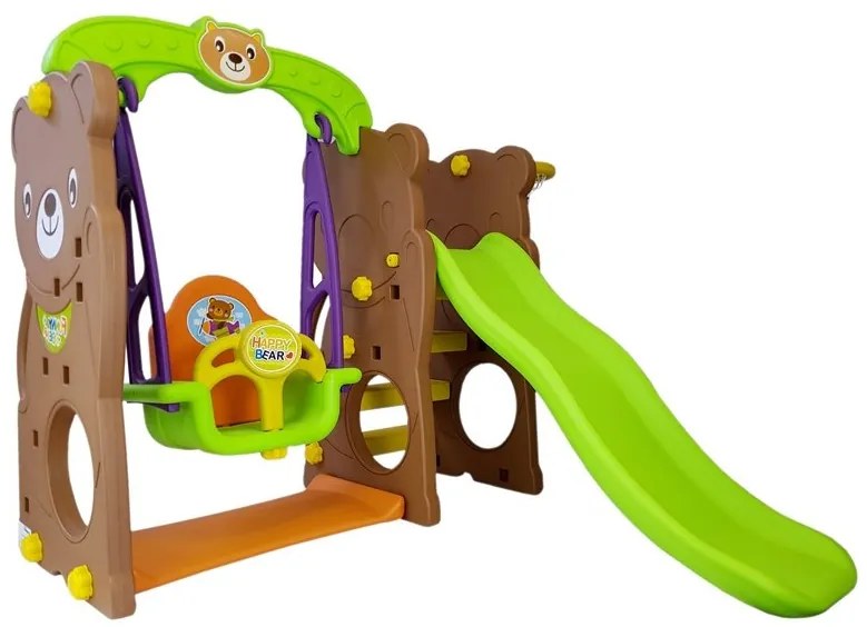 LEAN TOYS Záhradná súprava šmýkačka, hojdačka, kôš medveď hnedý
