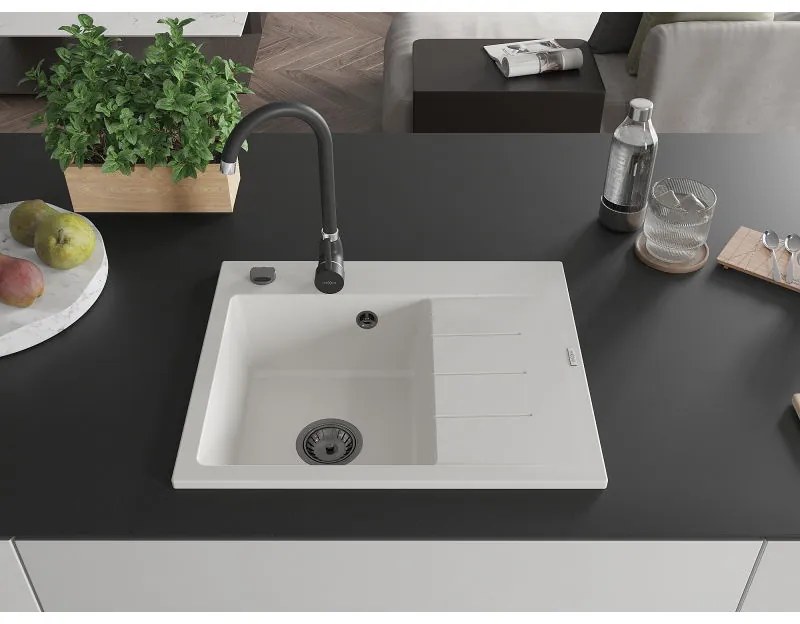 Mexen Ben, 1-komorový granitový drez 600x500x190 mm, ľavý + čierny sifón, biela, 6522605000-20-B