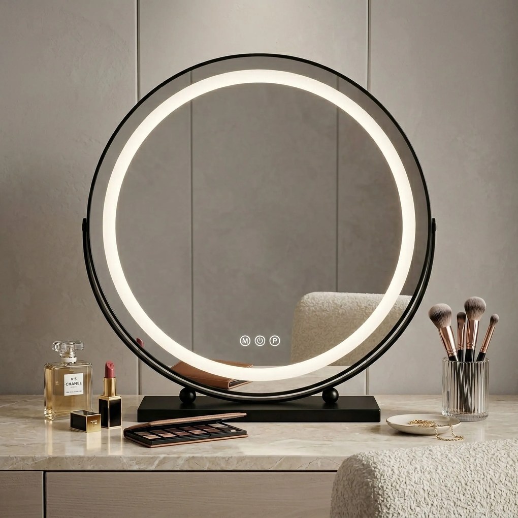 Rea Make-Up, LED okrúhle kozmetické zrkadlo na postavenie 50 cm, čierna, HOM-12022
