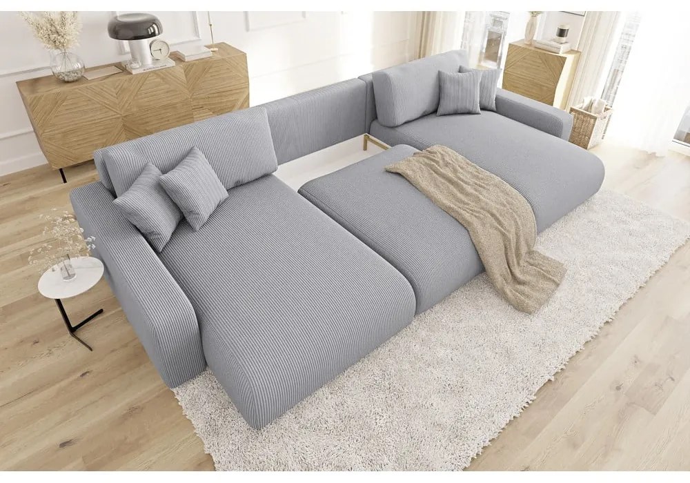 Svetlosivá menčestrová rozkladacia/s úložným priestorom rohová pohovka Sara – Ropez