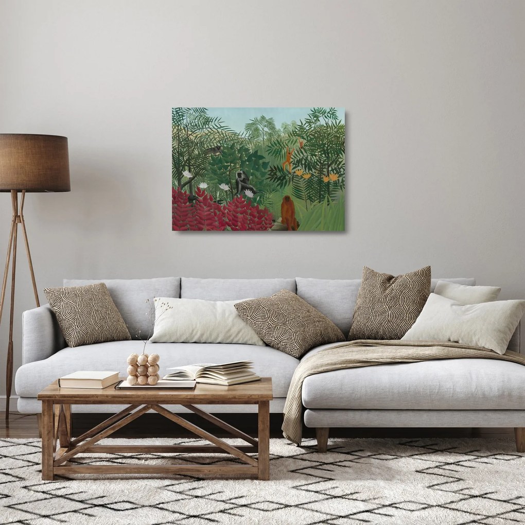 Sklenený obraz - Henri Rousseau, Tropical Forest with Monkeys, reprodukcia (70x50 cm)