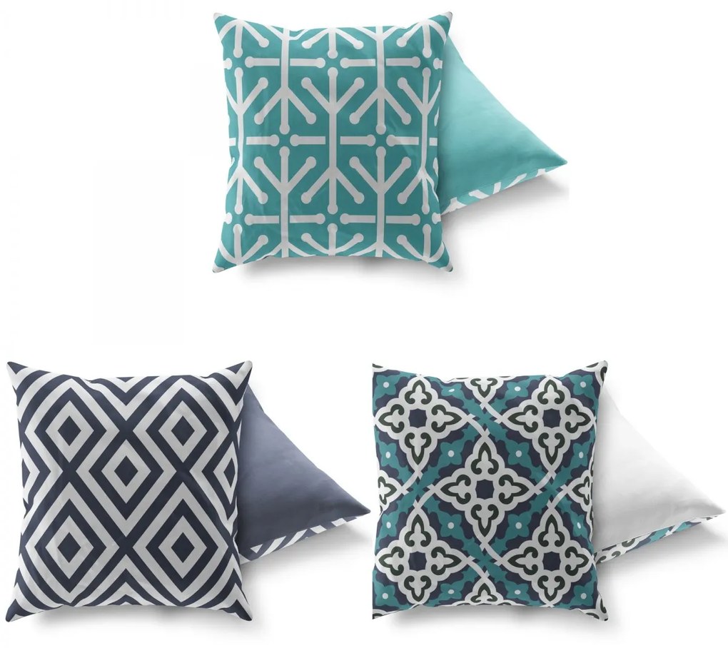 Súprava vzorovaných vankúšov VAPO 3 ks 43x43 cm tyrkysová/modrá/biela