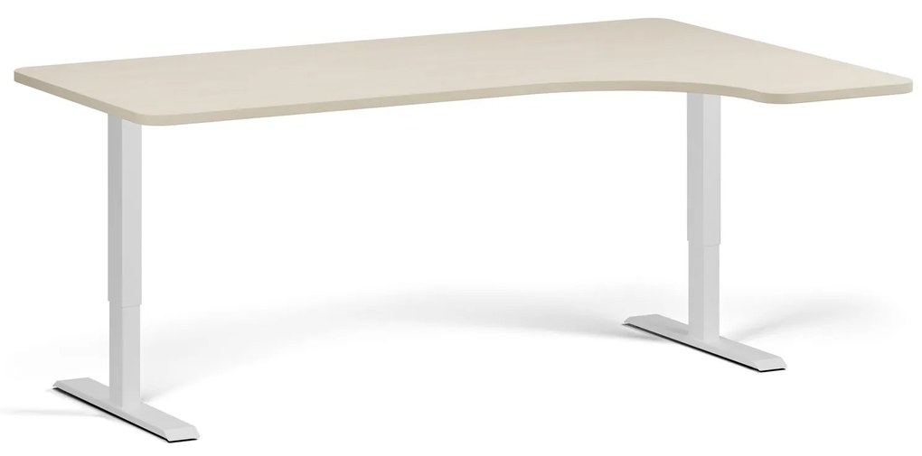 Výškovo nastaviteľný stôl, 180x120 cm, 2 motory, L/P, biela podnož, breza
