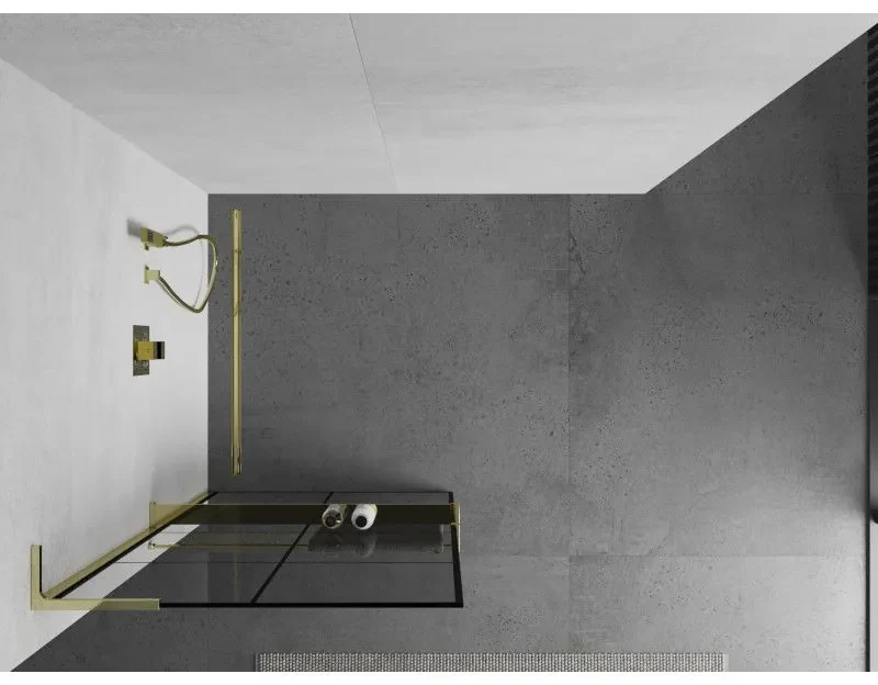 Mexen Kioto+ L, sprchová zástena Walk-In s poličkou a vešiakom 70 x 200 cm, 8mm číre sklo čierny vzor, zlatý lesklý profil,800-070-123-50-77
