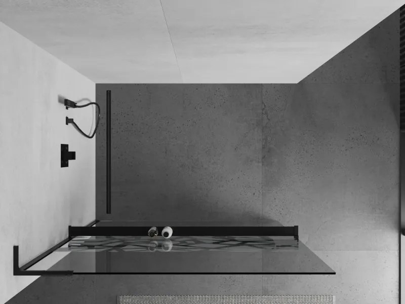 Mexen Kioto+ L, sprchová zástena Walk-In s poličkou a vešiakom 70 x 200 cm, 8mm číre sklo biely vzor, čierny profil, 800-070-123-70-85