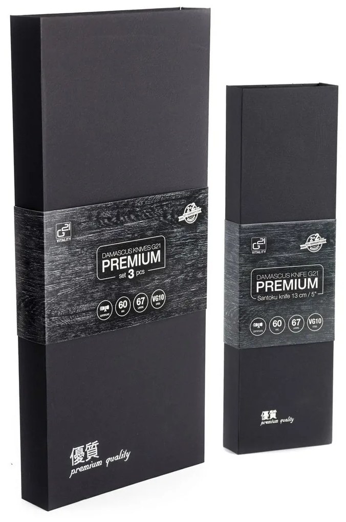 G21 Damascus Premium sada nožov v bambusovombloku, 4 ks + brúsny kameň